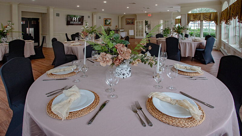 Banquet room with many set tables