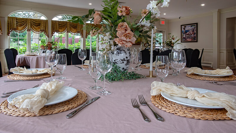 Banquet room table with flower center piece